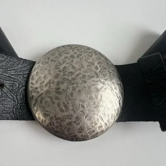 Vintage Brutalist Belt Buckle Black Genuine Leather Hippie M / L 36” - Picture 2 of 6
